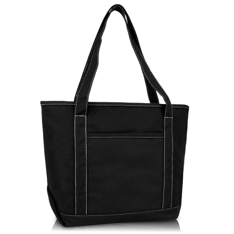 DALIX 20" Solid Color Cotton Canvas Shopping Tote Bag in Black-White - Image 1